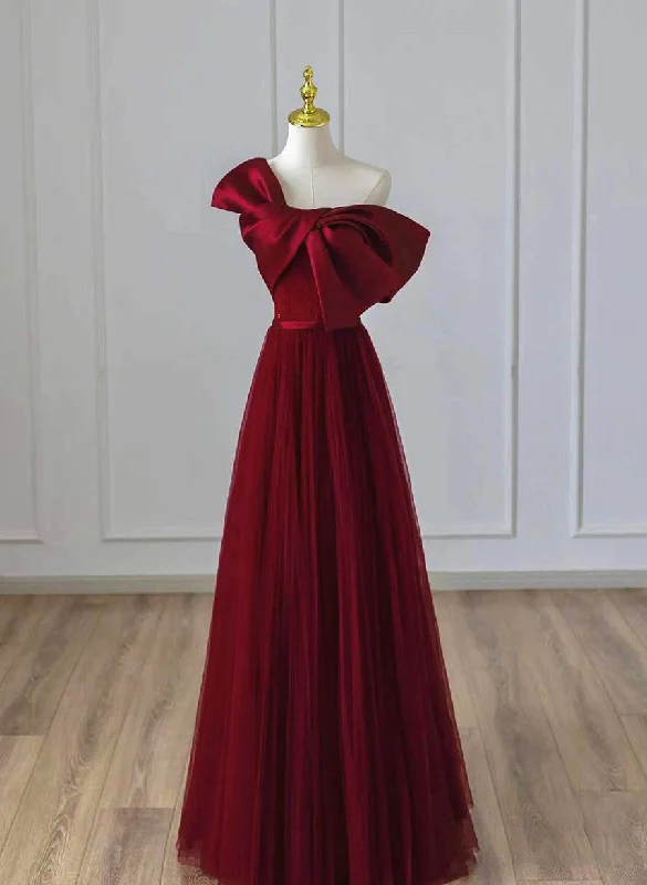 Wine Red Satin and Tulle A-line Simple Prom Dress, Floor Length Party Dress Tunics Custom made