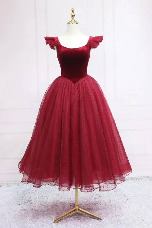 Burgundy Velvet Tulle Tea Length Prom Dress, Cute A-Line Party Dress Tunics Versatile stylish