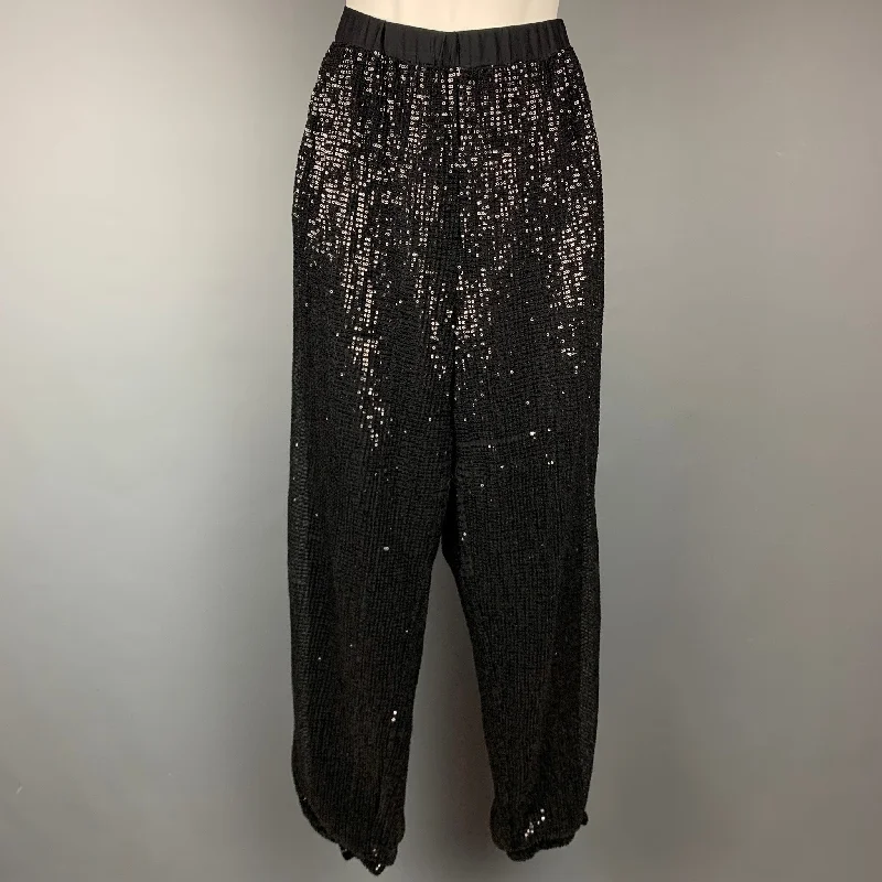 ST. JOHN COUTURE Size L Black Sequin Polyester Elastic Waistband Dress Pants Slim-Fit Leggings