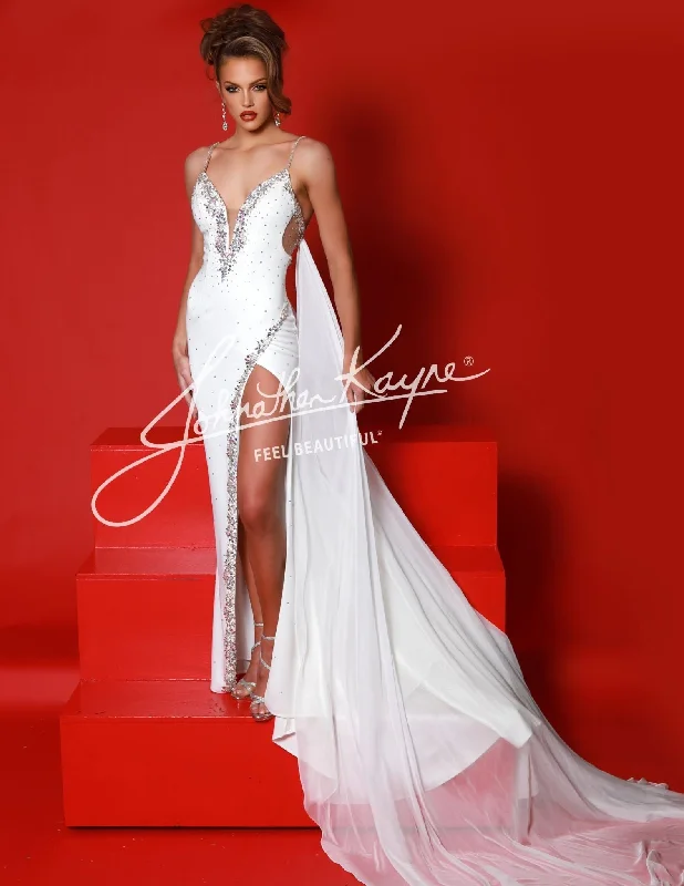 Johnathan Kayne 2954 Size 6 White Long Crystal Slit Cape Pageant Dress V Neck Formal Gown Plunging Neckline Tunics Essential wardrobe