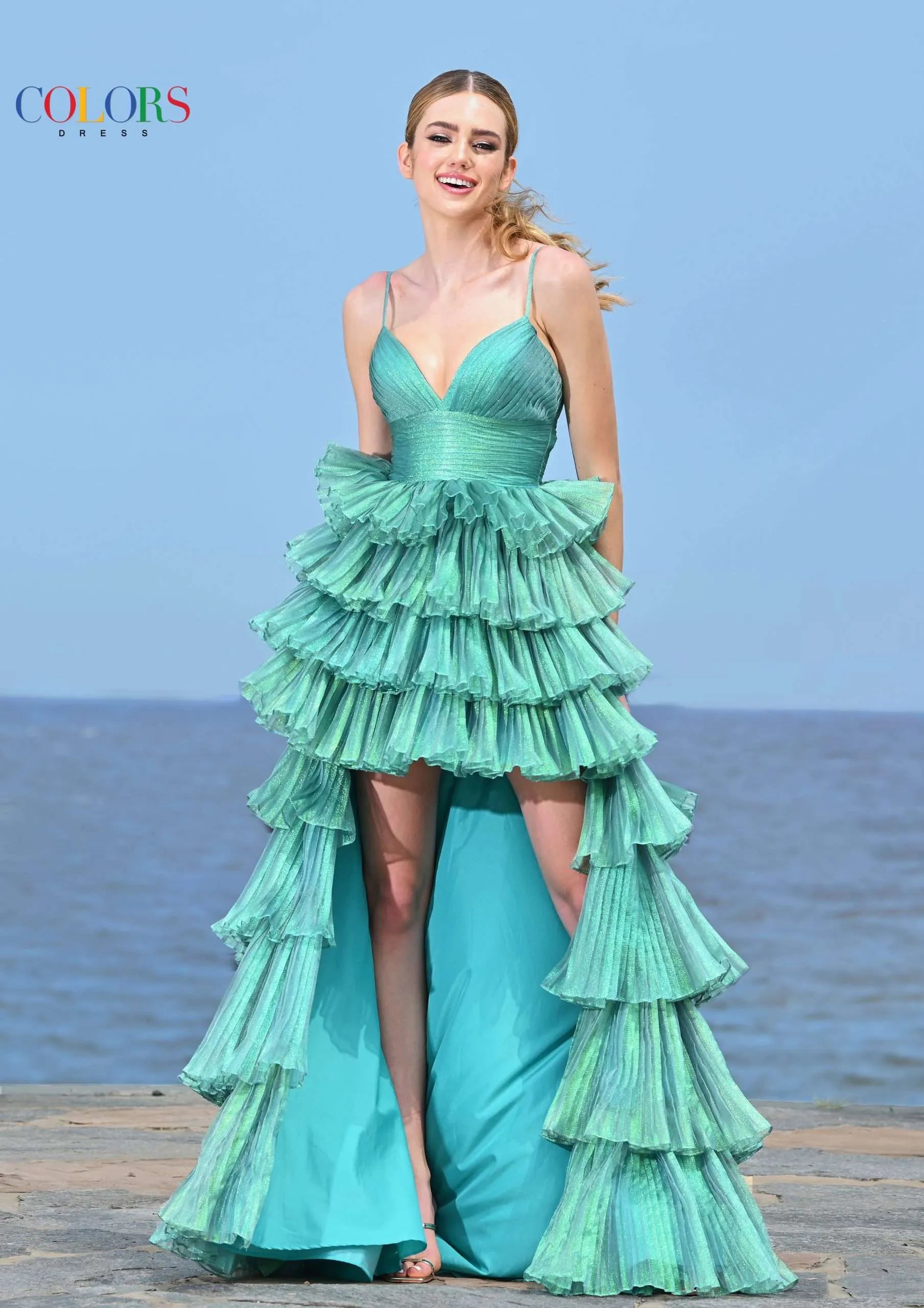 Colors Dress 3462 Pleated Metallic High Low Ruffle Prom Dress Formal Evening Gown V Neck Tunics Cozy soft