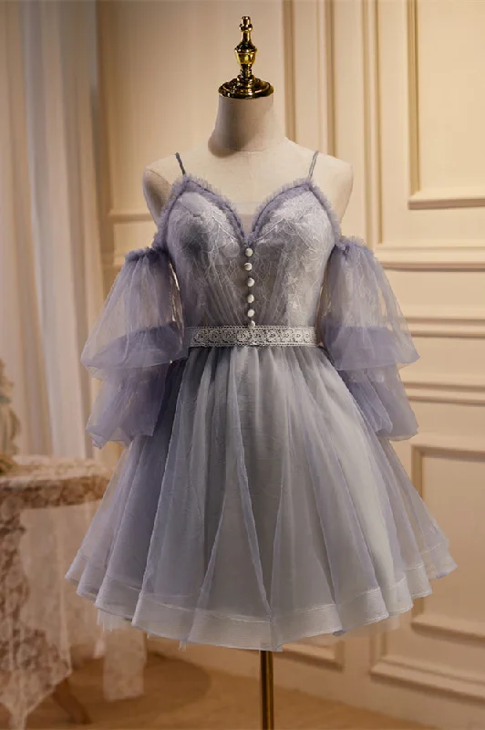 Balloon Sleeves Grey Short A-line Party Dress Tunics Mesh breathable