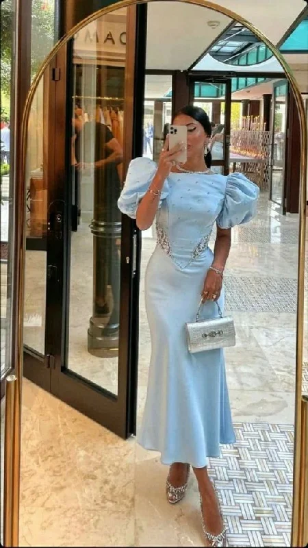 Light Blue Puffy Sleeves Ankle Length Elegant Prom Dress Party Dress,DP501 Tunics Print Colorful