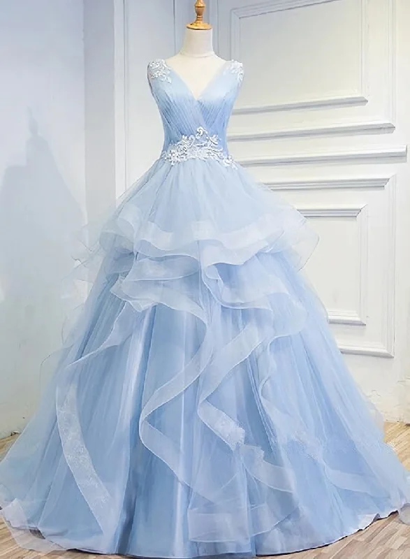 Blue Prom Dresses V-neck Ball Gown Sweep Train Party Dress, Sweet 16 Gown Tunics Silk luxurious