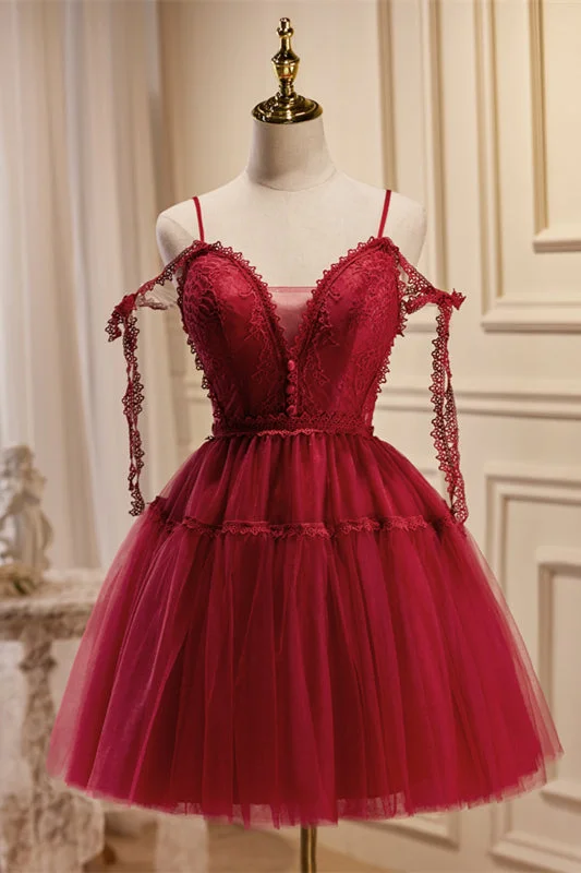 Straps Red Lace and Tulle Short Party Dress Tunics Silk luxurious