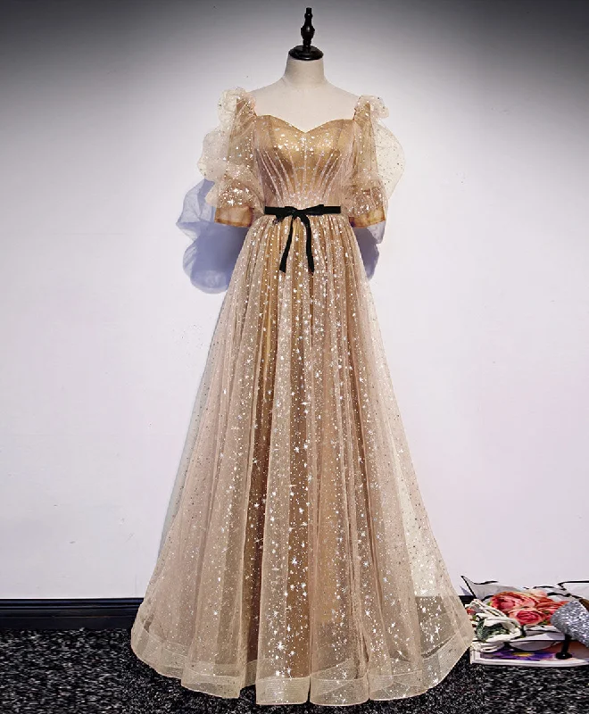 Gold Tulle Long Prom Dress, A line Gold Formal Graduation Party Dress Tunics Review highly