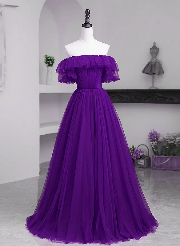 Dark Purple Tulle Off Shoulder Long Party Dress, A-line Purple Prom Dress Tunics Winter warm