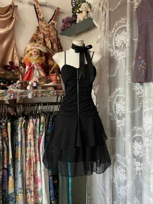 Vintage black short party dress chiffon homecoming dress    cg25387 Tunics Trousers formal