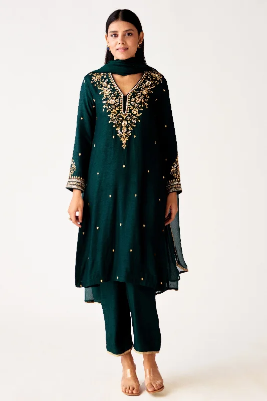 51Z119-RO Bottle Green Embroidered Silk Pant Suit With Dupatta Soft Stretch Leggings