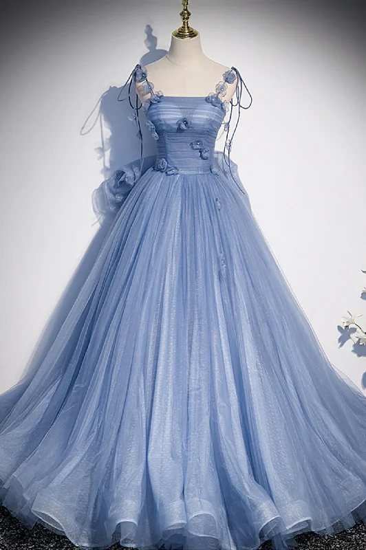 Blue Tulle Long A-Line Prom Dress, Blue Spaghetti Straps Party Dress with Bow Satin Halter Glamorous