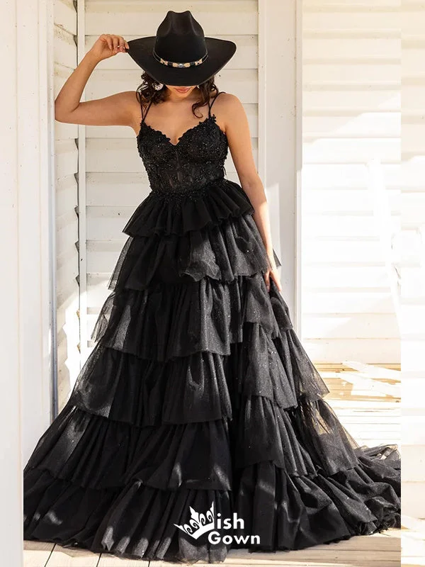 Sexy Spaghetti Straps Black Sweetheart Beaded Tiered A-line Long Party Dress Prom Dresses,Evening Dress Online, WGP904 Tunics Solid Classic