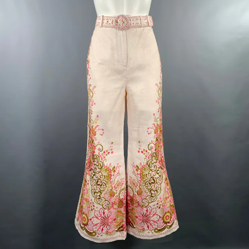 ZIMMERMANN Size S Pink Olive Linen Embroidered High Waisted Dress Pants High-Waist Trousers