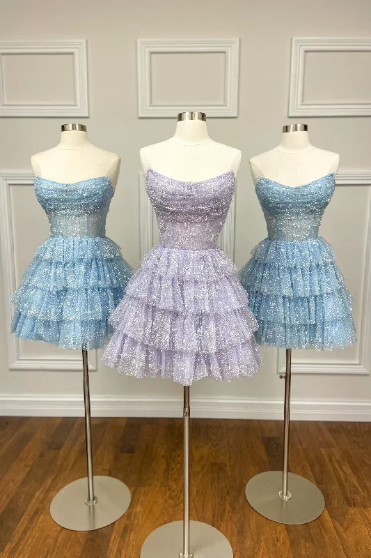 Lavender Sparkle Tulle Tiered Short Party Dress Tunics Formal black
