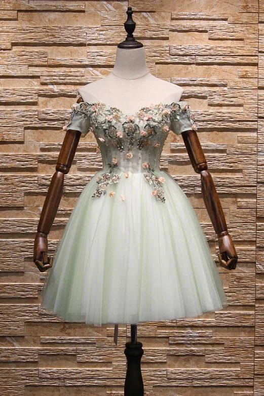 Light Mint Green Knee Length Floral Lace Sweetheart Party Dress, Tulle Short Homecoming Dress       cg22968 Halter Neckline Beach