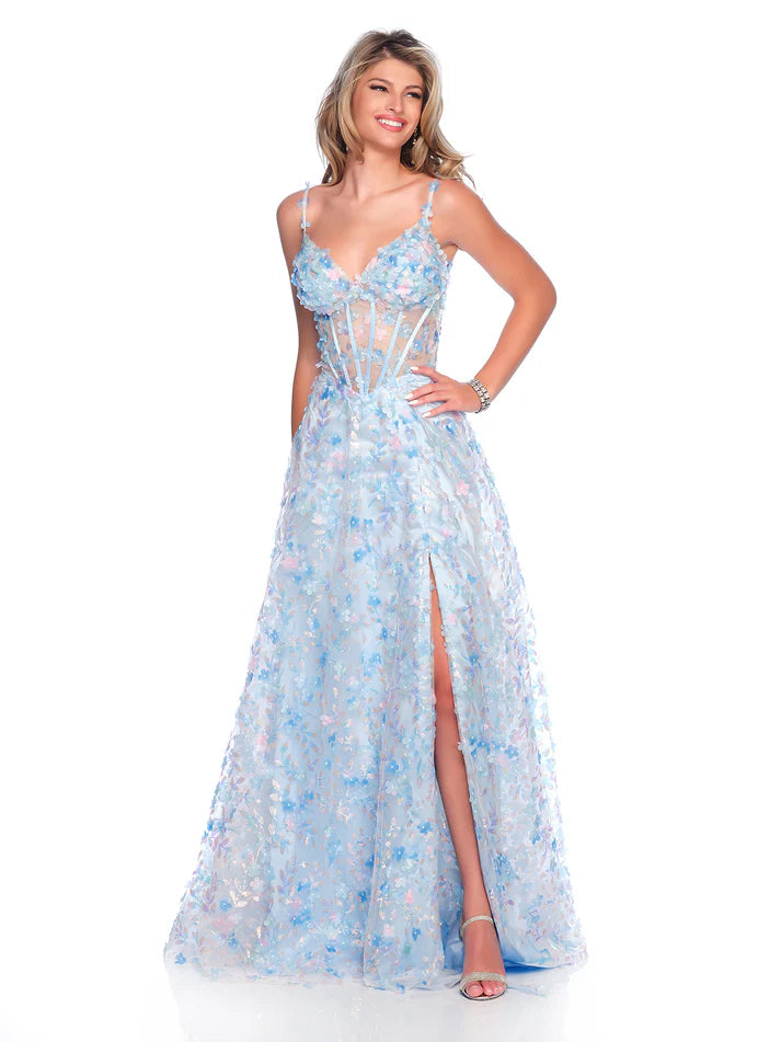Dave & Johnny 12017 Sheer Corset 3D Prom Dress A Line Slit formal floral Gown V Neck Square Neckline Feminine