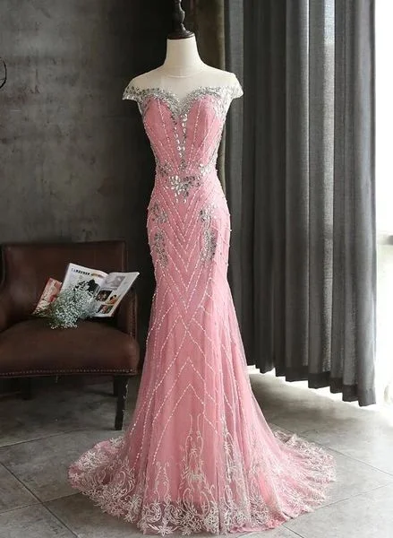 Pink Lace Mermaid Sequins with Lace Applique Party Dress, Pink Long Prom Dress Party Dress  C538 Pleated Skirt Elegant