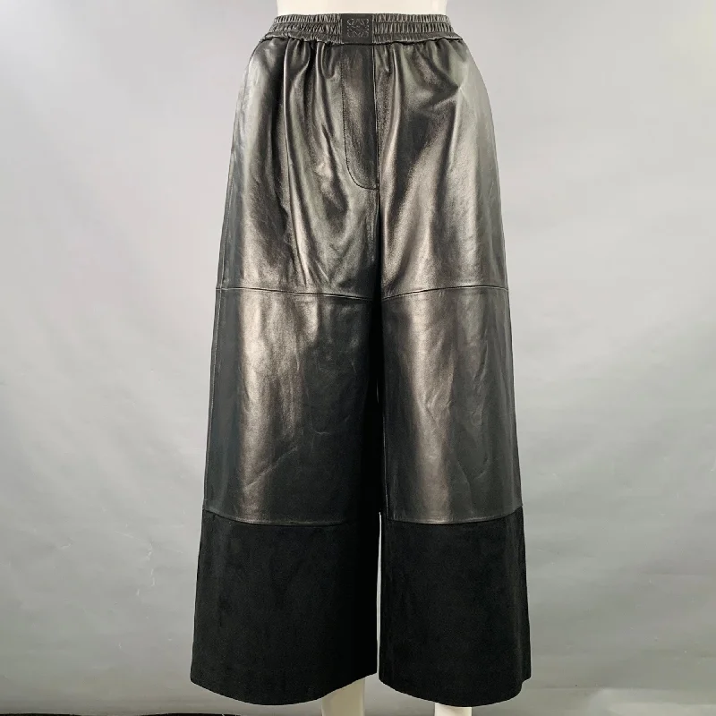 LOEWE Size XS Black Lambskin Leather Goat Suede Wide Leg Dress Pants Elegant Palazzo Trousers