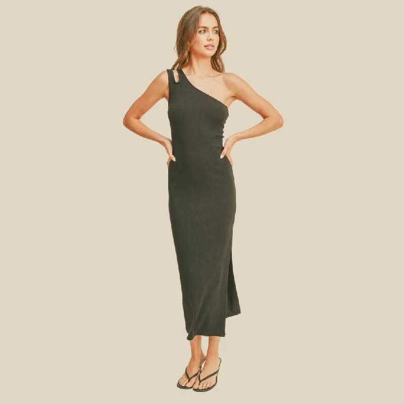 Ribbed One Shoulder Knit Long Dress (Olive) Boat Neckline Classic