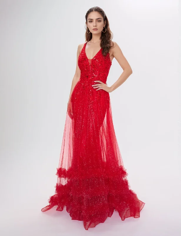 Nina Canacci 7607 Sheath Prom Dress with Bougie Sheer A Line Overskirt with Ruffles Sequin V Neckline Corset Lace Up Back Tunics Fall fleece