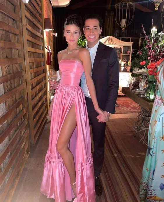 Pink Satin Strapless Simple Long Party Dress with Slit,DP1181 Boat Neckline Classic