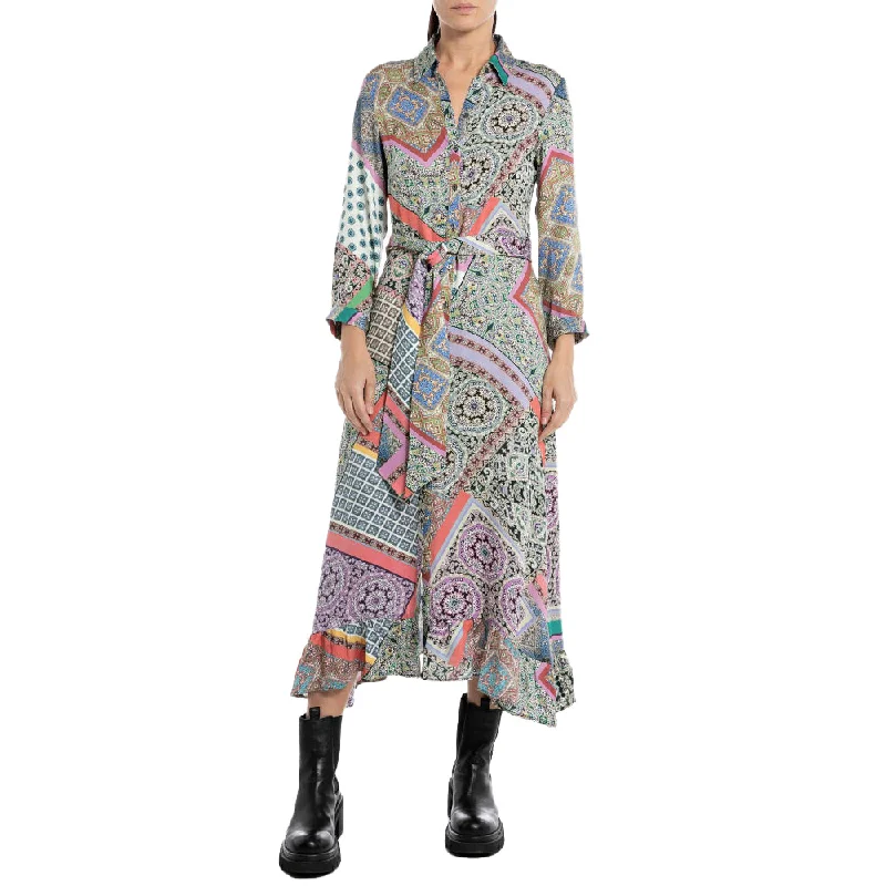 Replay Women's Long Dress All Over Printed Viscose Satin Tunics Office stylish