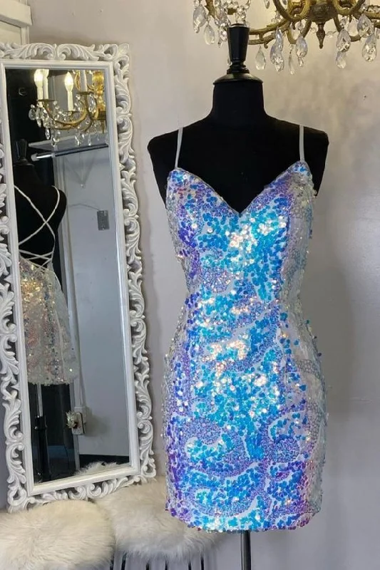 spaghetti straps tight blue sequins homecoming dress party dress      cg23566 Tunics Stylish modern