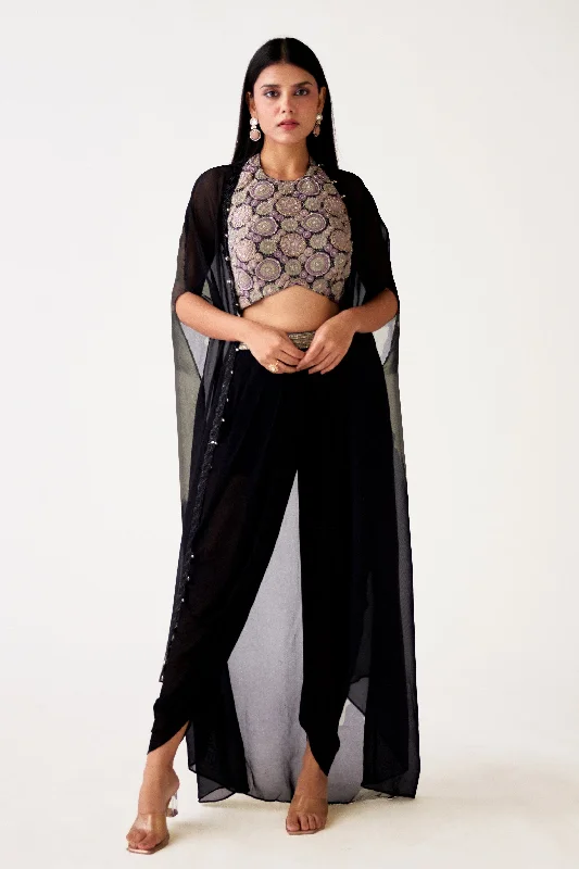 51Z154-RO Black Georgette Embroidered Dhoti Pant Set With Cape Comfortable Jogging Pants