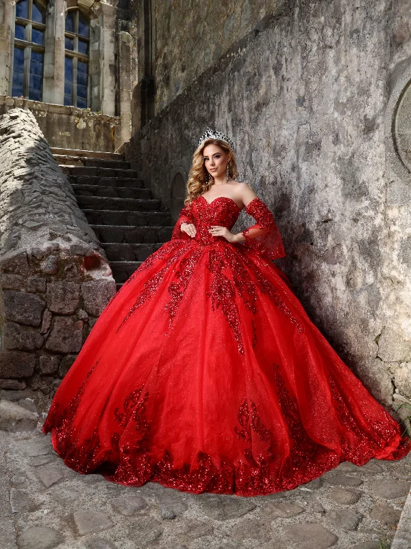 Nina Canacci Q123 Red Quinceneara Dress Detachable Bell Sleeves Glitter Tulle Sequin Lace Tunics Fleece cozy