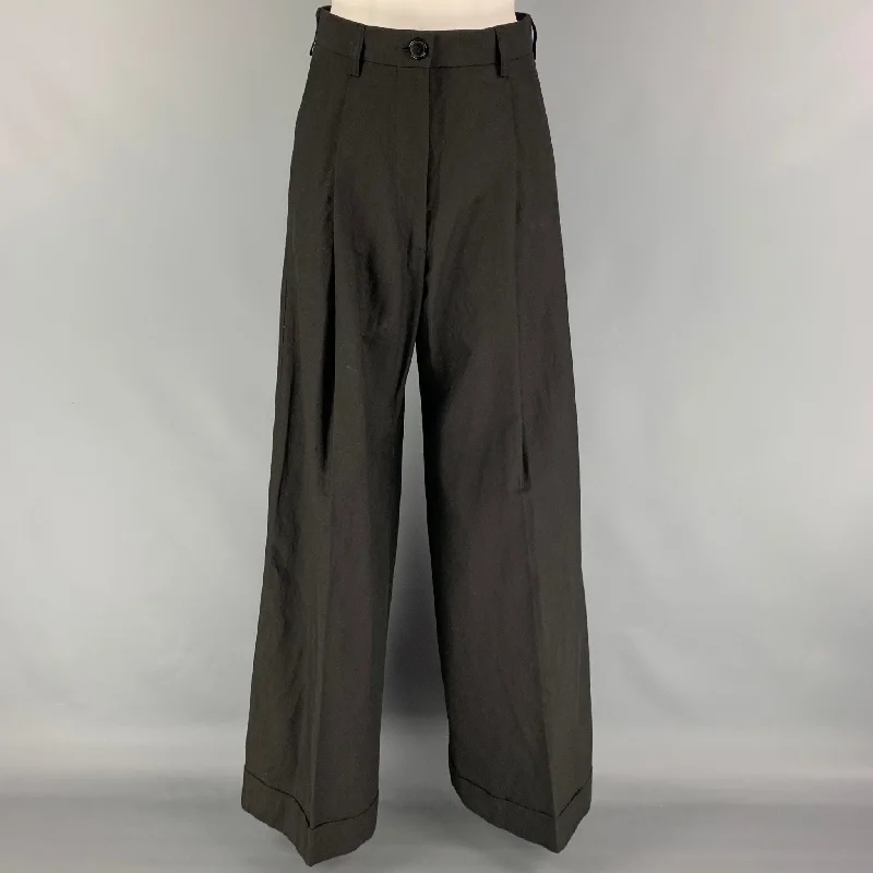 DRIES VAN NOTEN Size 4 Black Cotton Linen Wide Leg Dress Pants Formal Slim Pants
