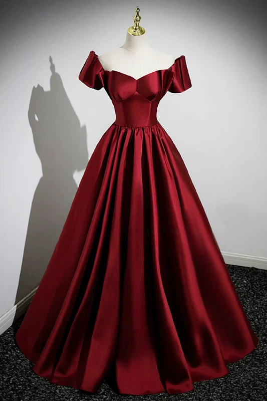 A-Line Burgundy Satin Floor Length Prom Dress, Off the Shoulder New Party Dress Tunics Summer linen