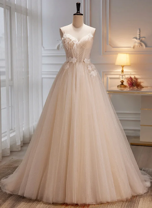 Ivory Tulle with Flowers Straps Prom Dress, A-line Ivory Party Dress Tunics Fall fleece