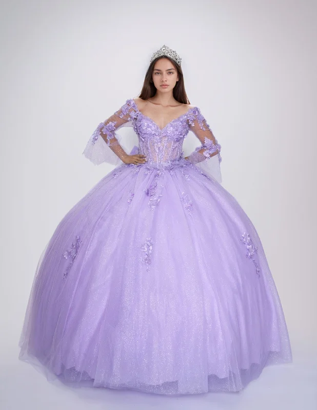 Nina Canacci Q132 Lilac Quinceneara Dress Off the Shoulder Bell 4/5 Sleeve 3D Floral Sheer Corset Glitter Tulle Tunics Running lightweight