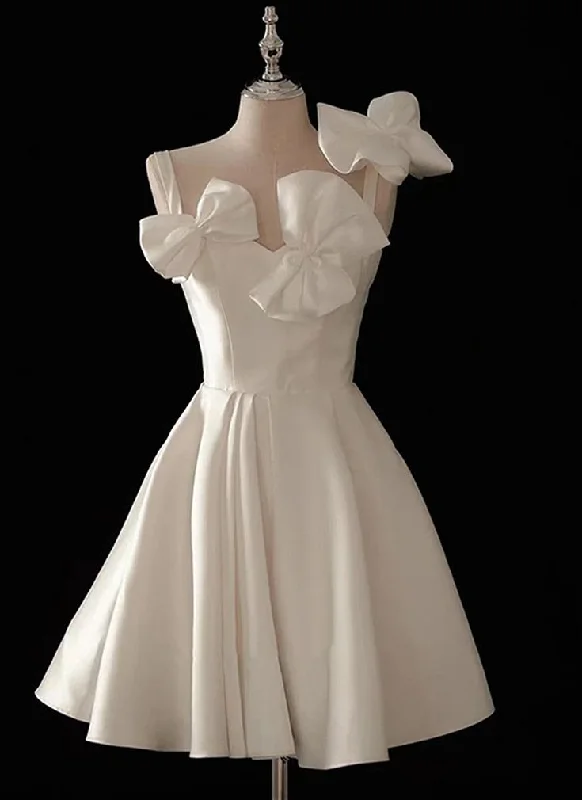 Cute Short White Satin Knee Length Party Dress with Bow, White Graduation Homecoming Dress     cg25048 Tunics Summer linen