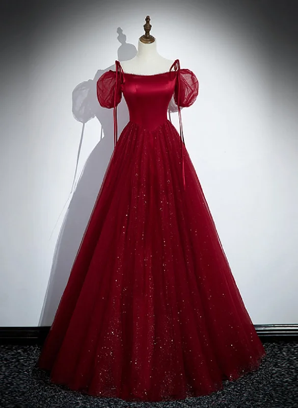 Wine Red Satin and Tulle Straps Long Prom Dress, Wine Red Off Shoulder Party Dress Tunics Denim casual