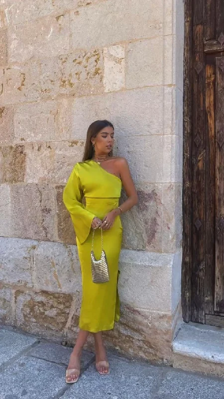 Yellow Green One Shoulder Party Dress with Slit,DP855 Tunics Prom sequined
