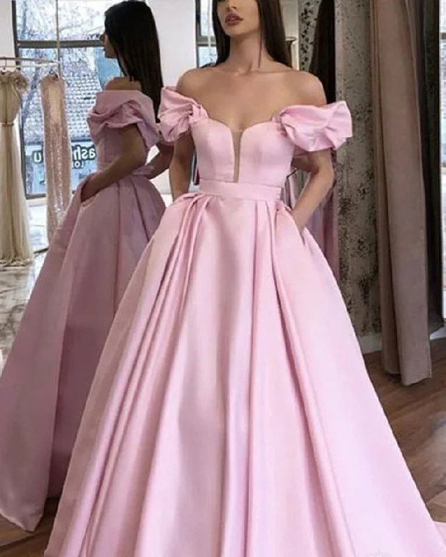 Satin Pocketed Princess Prom Formal Dress Puffy Sleeves Evening Party Dress Long,DP0146 Tunics Practical durable