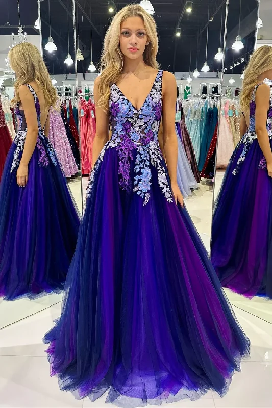 Purple Backless Tulle Appliques Formal Party Dress,DP1013 empire Waist empire