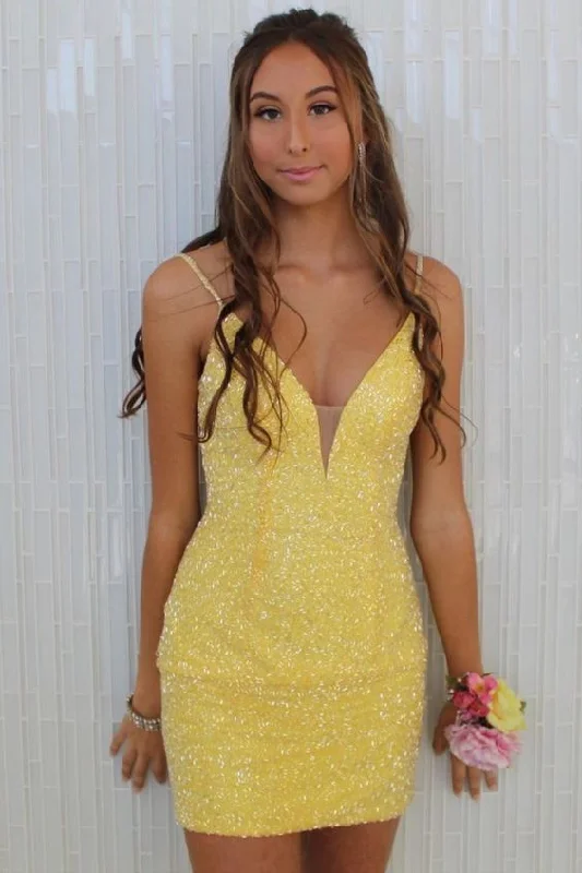 Tight Yellow Beaded Party Dress homecoming dress party dress    cg23564 Tunics Sophisticated sleek