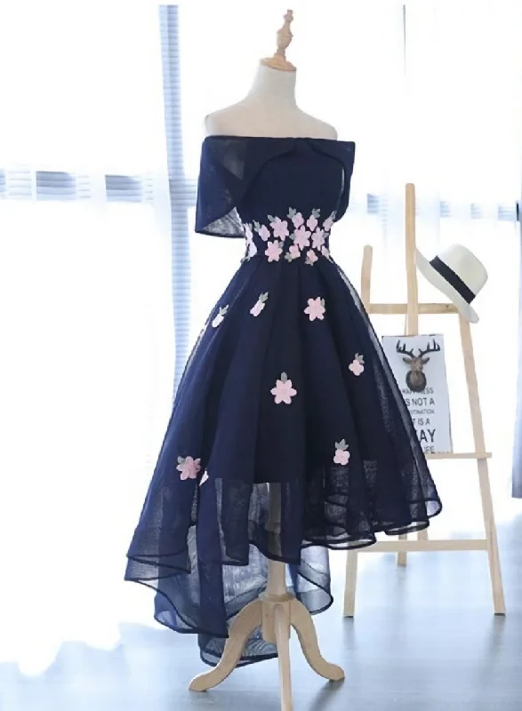 Charming Navy Blue Tulle Party Dress with Flowers, Cute Prom Dress Tunics Velvet soft