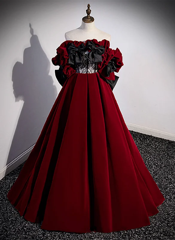 Wine Red Velvet Off Shoulder Party Dress, A-line Floor Length Prom Dress Tunics Floral girly