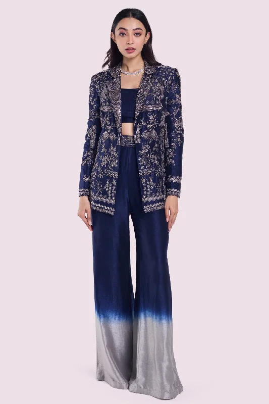 51Z167-RO Navy Embroidered Silk Pant Suit Casual Lounge Pants