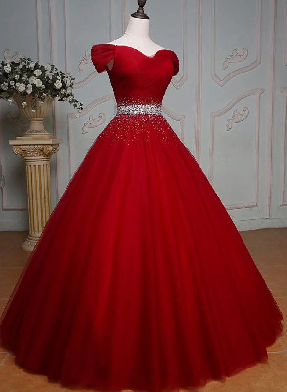 Wine Red Ball Gown Off Shoulder Beaded Party Dress, Tulle Off Shoulder Prom Dress Tunics Print Colorful