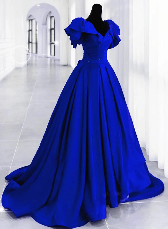 Royal Blue Satin Long Sweetheart Party Dress, Blue Satin Prom Dress Tunics Cozy soft