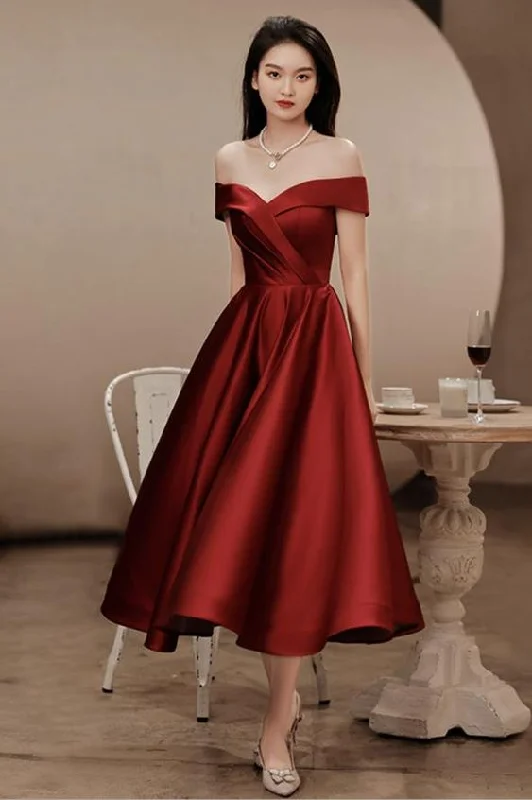 Elegant Satin Tea Length Party Dress, Wine Red Short Prom Dresses c2823 Tunics Stylish modern