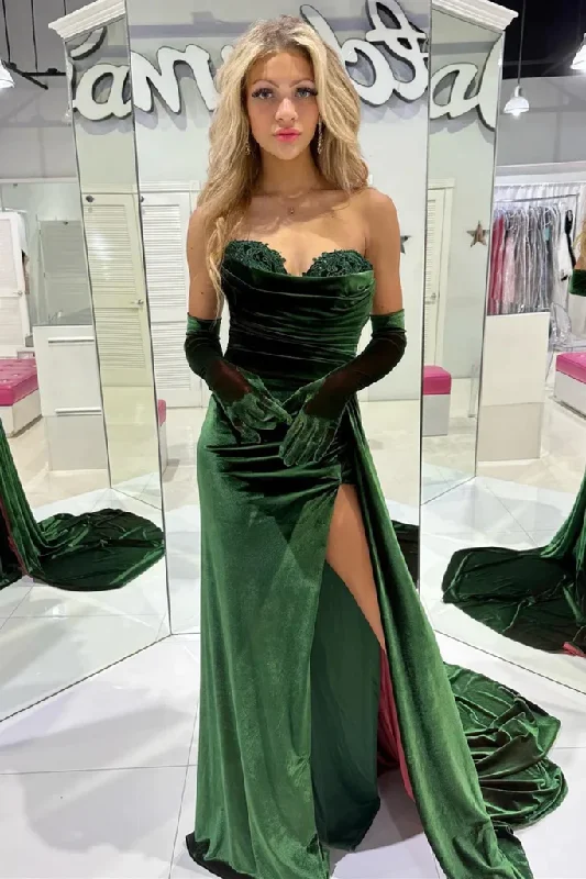 Emerald Green Sweetheart Strapless Velvet Long Prom Party Dress with Slit,DP987 Tunics Solid Classic