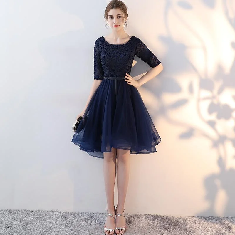 Navy Blue Lace And Tulle Short Sleeves Homecoming Dress Party Dress     cg23555 Tunics Cozy soft
