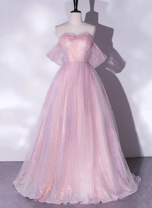 Pink Tulle and Sequins Sweetheart Long Party Dress, A-line Pink Prom Dress Turtleneck Warm Winter