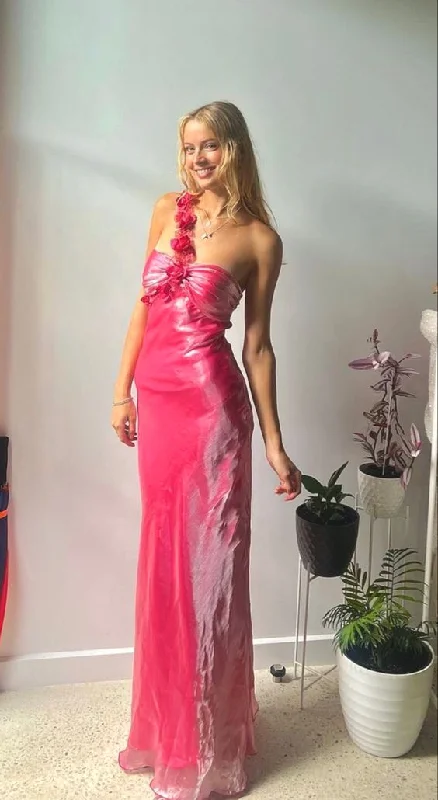 Hot Pink One Shoulder Floral Long Party Dress,DP1049 Tunics Fashionable trendy