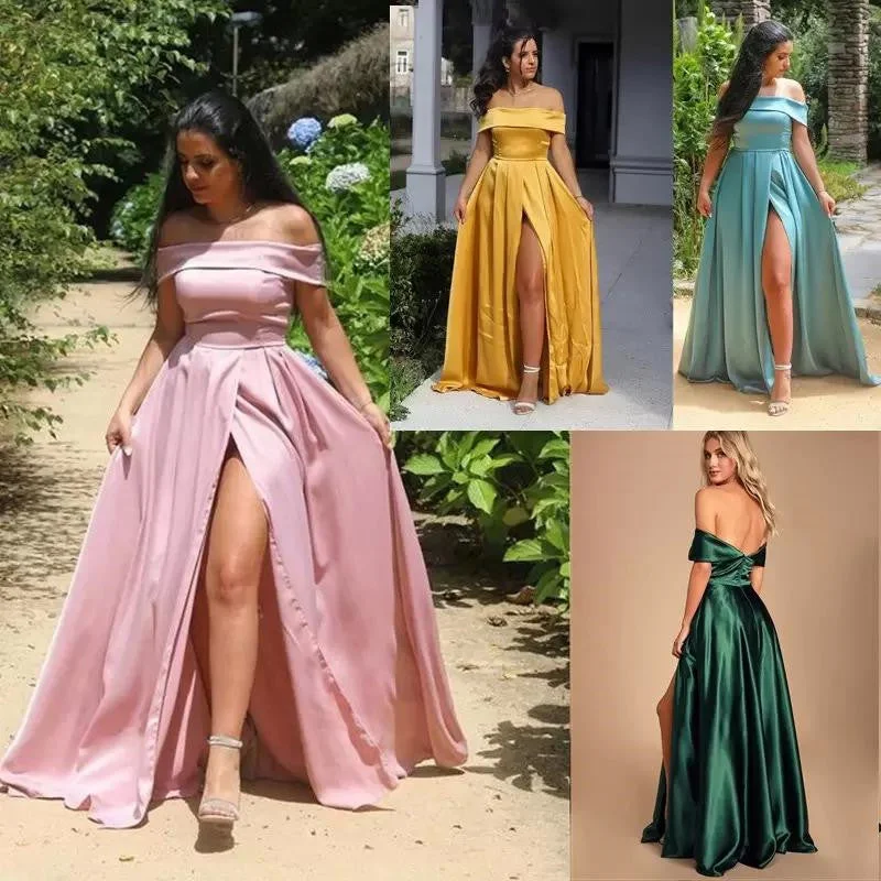 Formal Party Dresses Evening Women Wear Bateau Neck Ruched Side Split Prom Gowns Sexy Backless A Line Robe De Marrige,LW050 Tunics Custom made