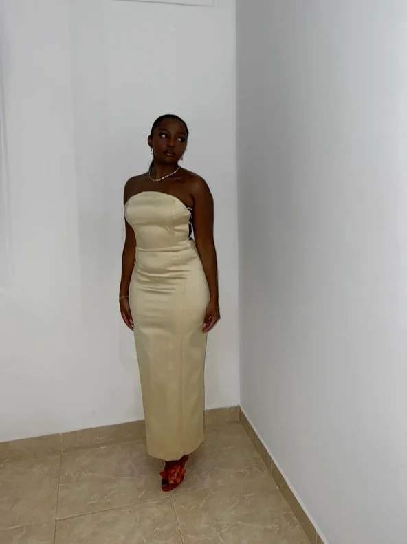 Ivory Satin Strapless Backless Simple Evening Party Dress with Slit,DP1280 Tunics Practical easy-care